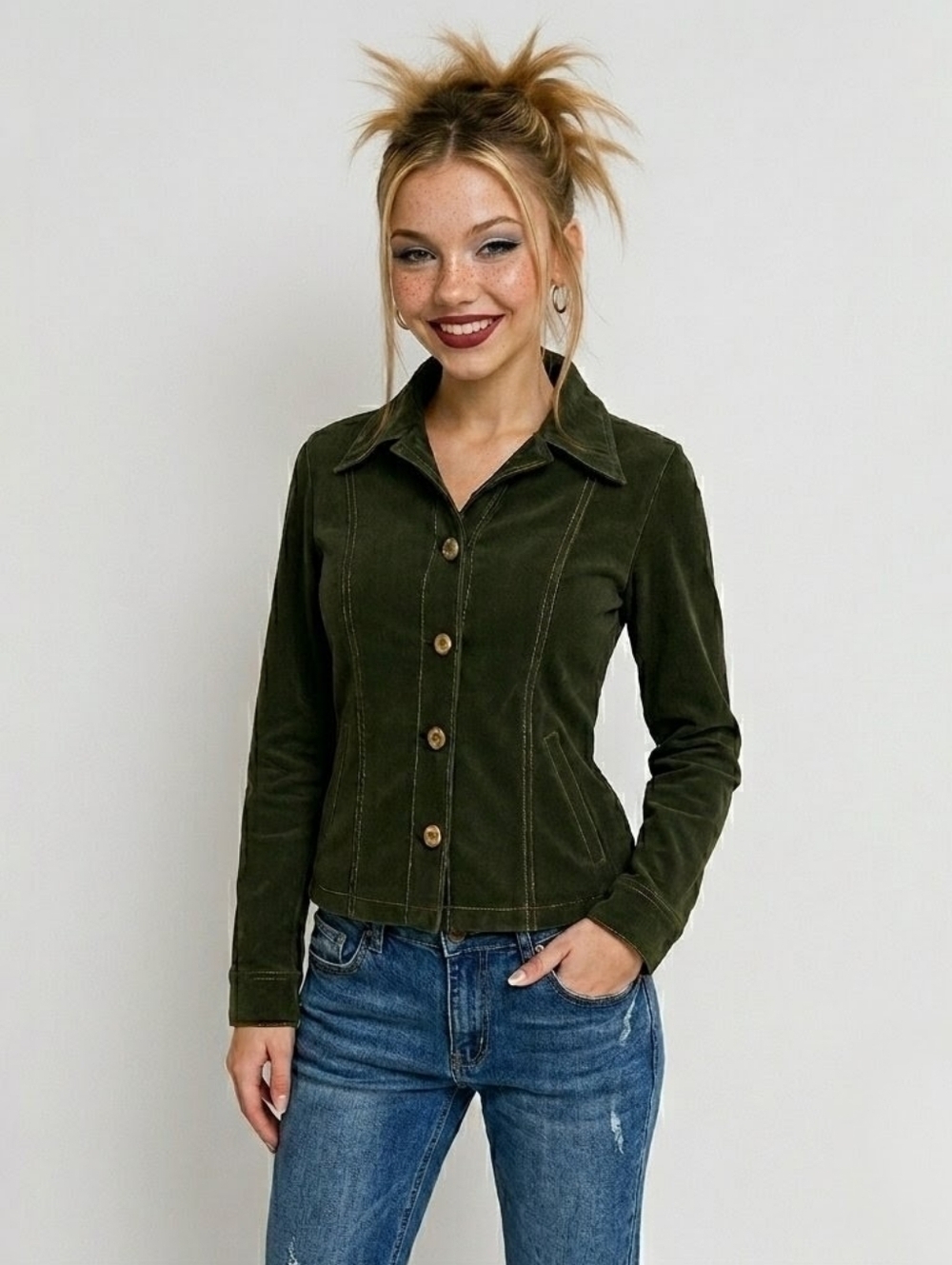 Airport Y2K Vintage Green Contrast Stitching Button Up